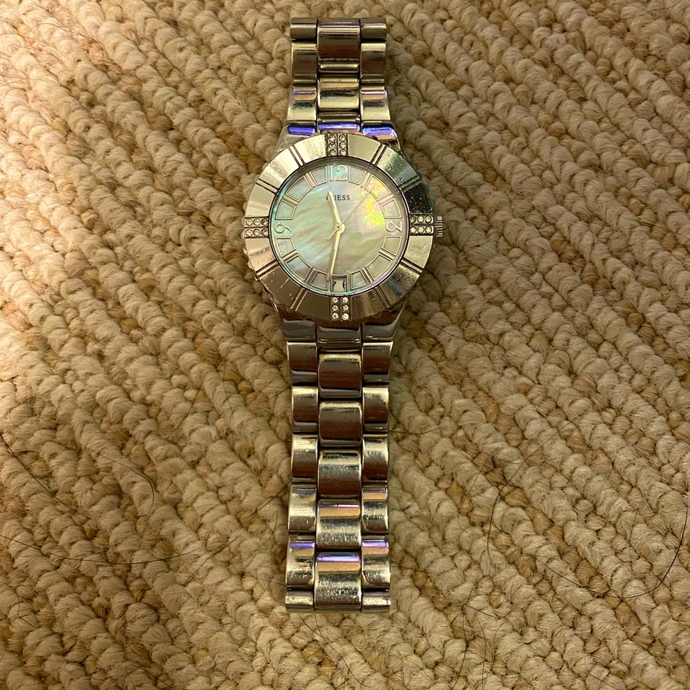 Guess silver watch, mother of pearl face